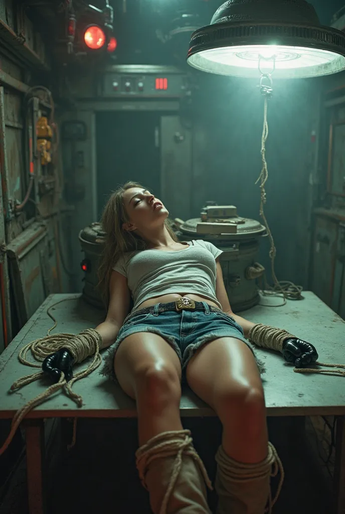 A beautiful hot girl wearing jean shorts and tight short tshirt don't cover her belly button and wearing long boots and gloves is napped by aliens they tied up her hands and legs with ropes in their UFO and she is laying on the table full body pic 