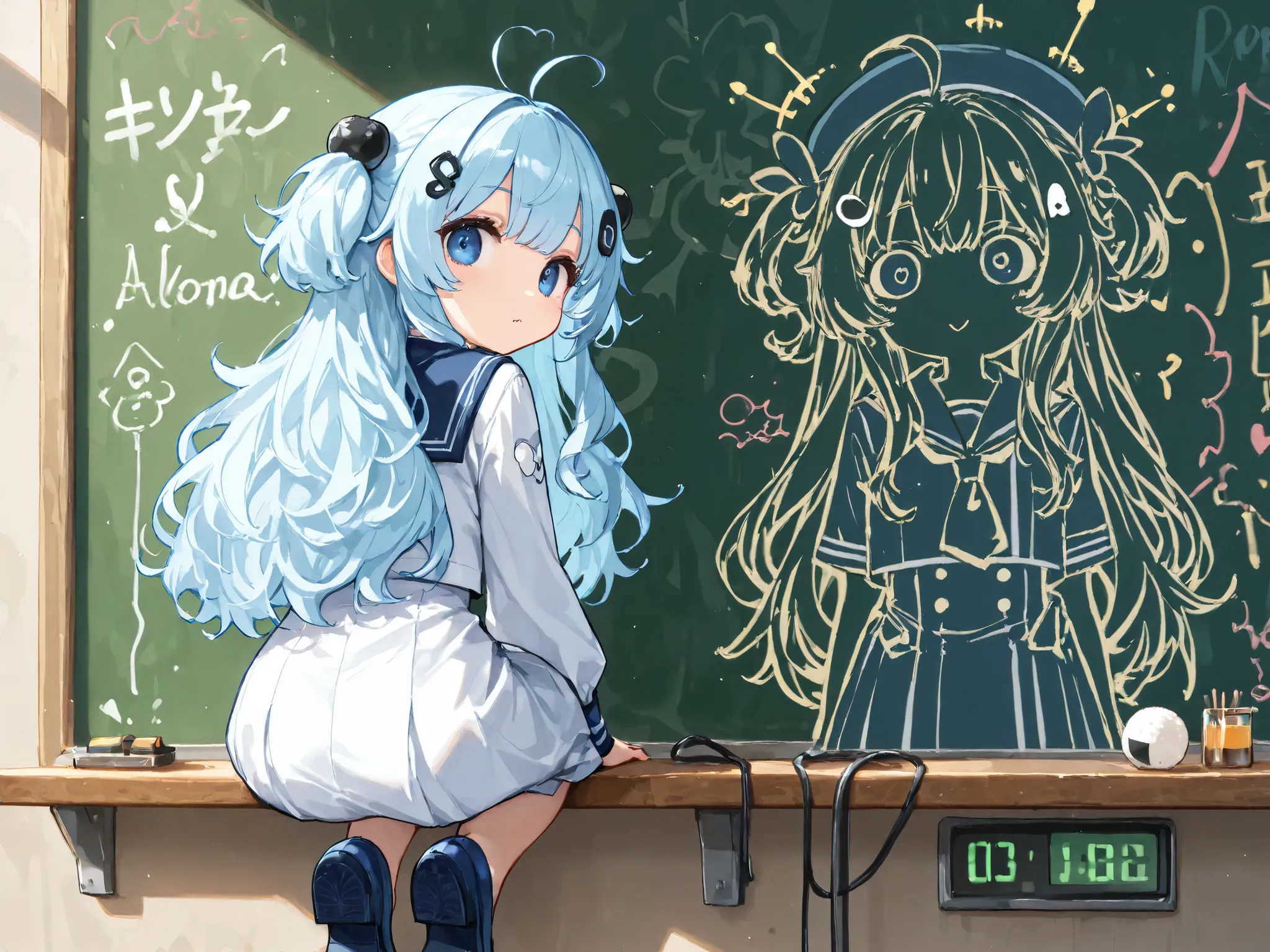 (masterpiece,best quality:1.2), Chalkboard Graffiti 、has the onigiri mark written on it、女の子のback view、Alone,cute girl\(okmc,pulse oximeter,Japanese rice ball shaped motif hairpin,light blue hair, medium long hair,   fluffy hair, big eyes ,blue eyes,  no no...