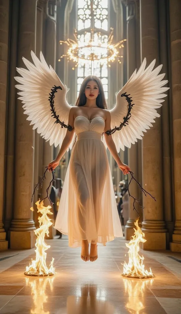 The photo depicts a mystical and impressive sight with the image of a winged woman.  The following is a detailed description :

1. ** Central character **: A woman with long hair, floating in the center. She has big wings, black branches grow from behind h...