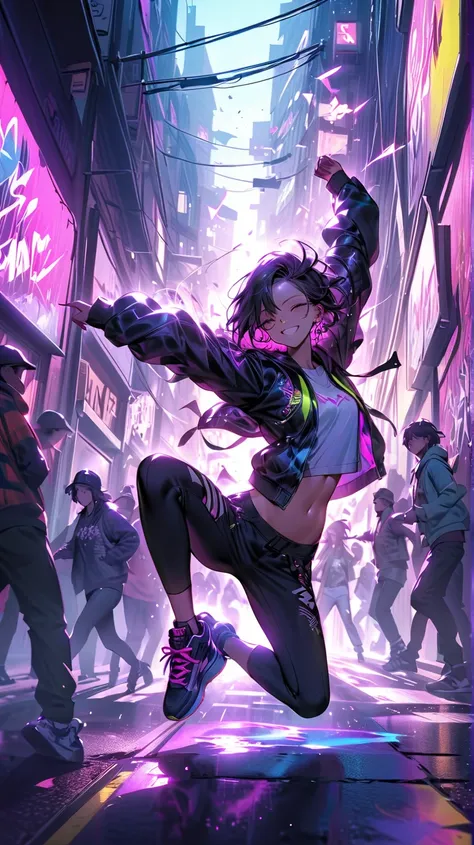 A powerful and energetic illustration of a young woman breakdancing in the heart of a neon-lit city street at night. She is in the middle of a thrilling dance battle, executing a gravity-defying windmill move with a determined smile. The crowd around her i...