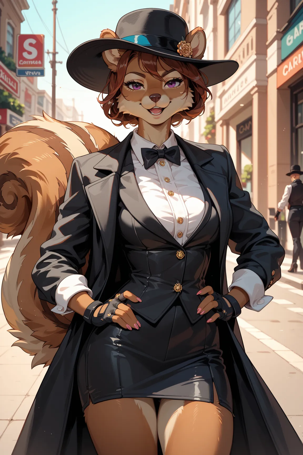 Anime style, high details, high quality, female tall furry squirrel, gangster, fur skin, furry, in elegant suit of 1930 style, in black fedora hat, fingerless gloves, in open coat, fluffy fur, squirrel tail,Character Design page