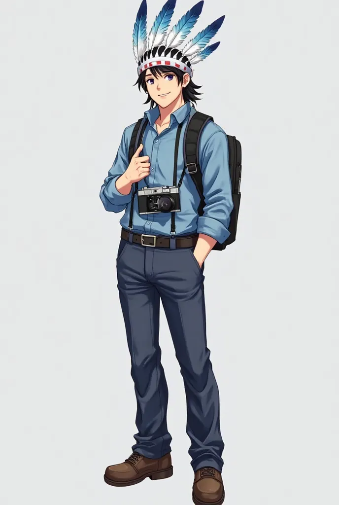 A handsome man wears a headdress with three blue feathers on his head and a blue button-down shirt with dark blue trousers with a black belt and brown canvas. He has a digital camera around his neck and a black backpack on his back. He stands straight whil...