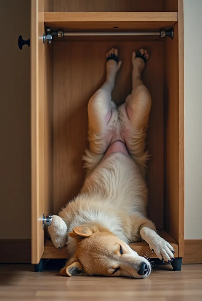 there is a dog that is laying on the floor under a cabinet, she is laying on her back, dog sleeping, hanging upside down, hanging from the ceiling, very perfect position, resting on a tough day, taken with sony a7r camera, very artistic pose, extreme pose,...