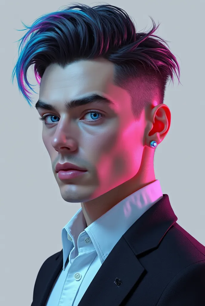 A highly detailed, futuristic male avatar with a cyberpunk aesthetic. He has well-defined yet soft facial features, piercing blue eyes, and a calm, confident expression. His hair is styled in a sleek, modern fashion with vibrant neon blue and pink highligh...