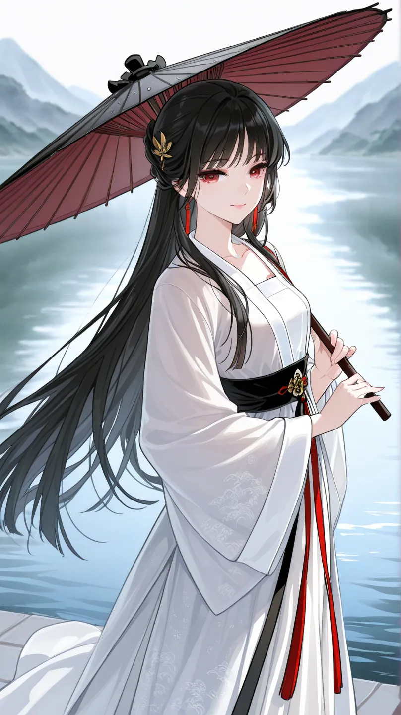 A girl with long black hair and jewelry, and red eyes. She is wearing a black and white imperial hanfu, holding a traditional Chinese umbrella, she is at the lake, enjoying the view