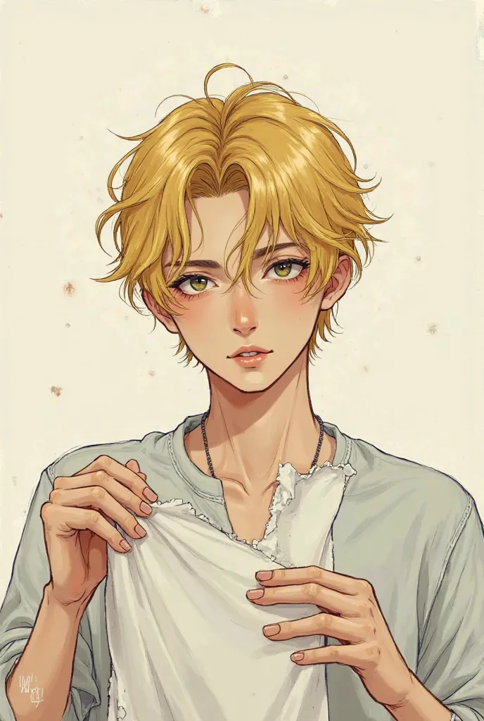 A handsome man looking like V from BTS, not too masculine, modern, in a Manhwa style, with golden yellow hair and eyes and tearing up a sheet of paper. ( qui doit avoir l'air d'être déchirer en deux 