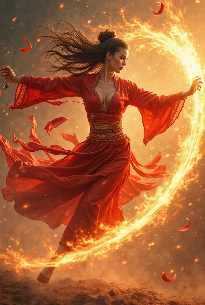 A fierce warrior in a red and gold outfit, with flowing silk robes that resemble flames. She wields a flaming sword or fan, surrounded by swirling fire and embers. Her pose is dynamic, mid-spin or leap, with her hair and clothing flowing dramatically