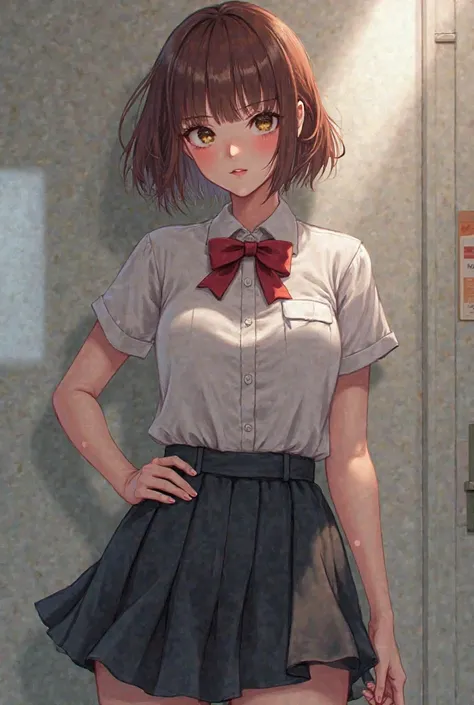 Create images of schoolgirls with hot bodies. Large round one . Uniform dress with sexy breasts, extended shirt button. 