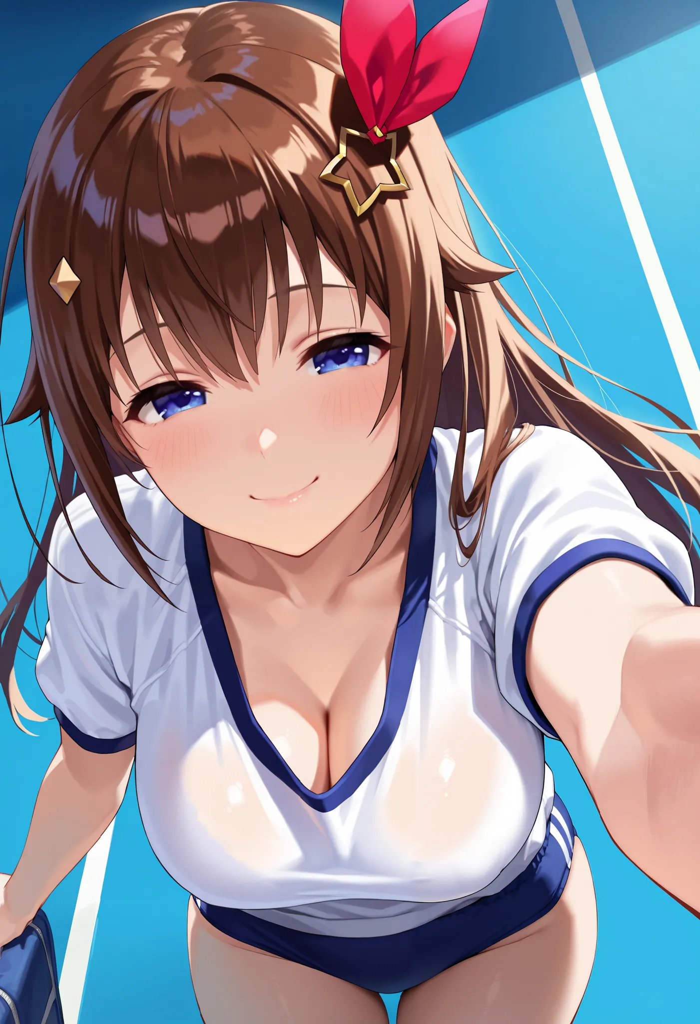 NSFW, POV, from above, face to face, (virtual youtuber, 1 girl, solo), (tokino sora, seductive smile, blue eyes, tareme:1.5, half closed eyes, looking at viewer, brown hair, long hair, bangs, beautiful breasts, cleavage, school gym uniform, buruma), reachi...