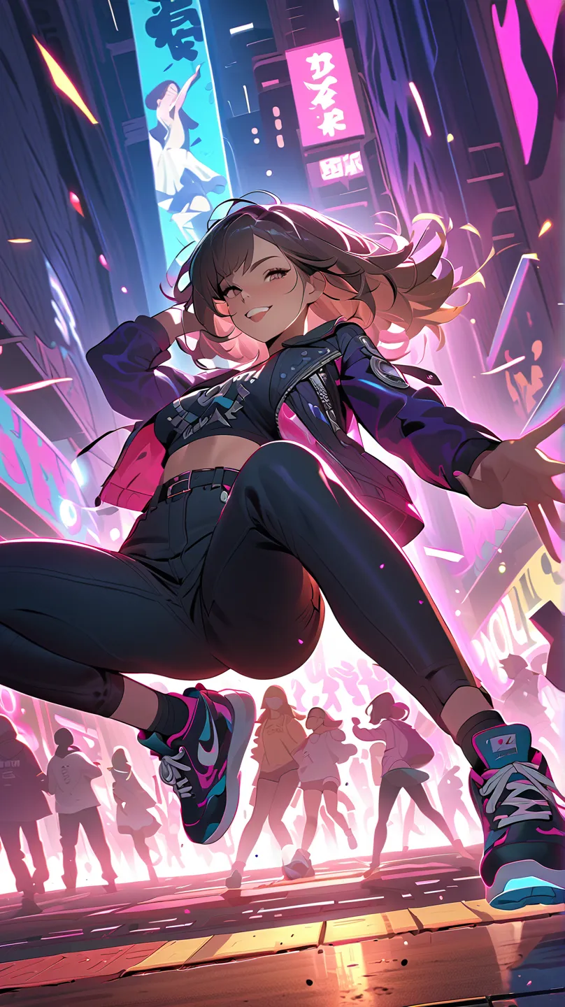 A strong, energetic illustration of a young woman breakdancing in the middle of a neon-lit city at night. She's in the middle of a thrilling dance battle, showing off gravity-defying windmill moves with a determined smile. The crowd around her is cheering,...