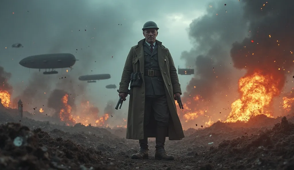 A dramatic battlefield scene featuring a soldier in World War I-era gear, standing heroically amid explosions and smoke. The soldier wears a long coat, carries a pistol in one hand and a melee weapon in the other, with fire and sparks illuminating the inte...