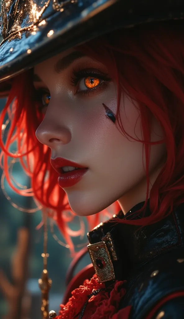 Perfect face，woman，25 years old，vampire，Wicked Eye，tattoo，Golden Eyes，arrogant，Shiny Red Hair，Nail polish，Work Clothes，Overlooking，Walk，dream， lightning method ， HD ，High Detail，32k Split Rate，Movie Rendering，High Definition HD,，panoramic，full body shot