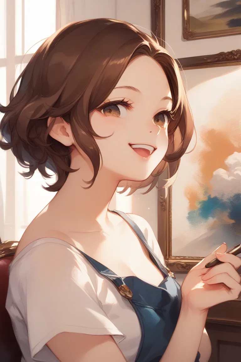 In the style of an anime painting of Smiling Woman with Brown Hair。The place where I close my eyes and laugh。