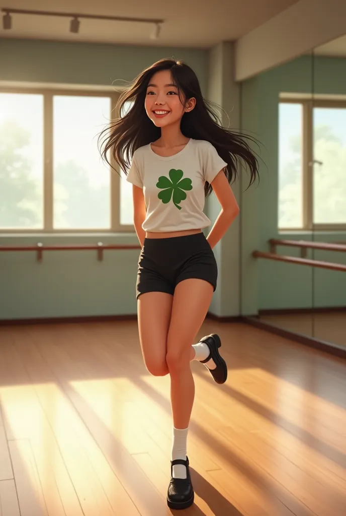 Smileling Long-haired,  Filipina college student in a white tshirt with clover, black leotard bottoms, white socks, and black Mary Jane tap shoes, hands behind back, jumping, practicing tap dancing in a dance studio
