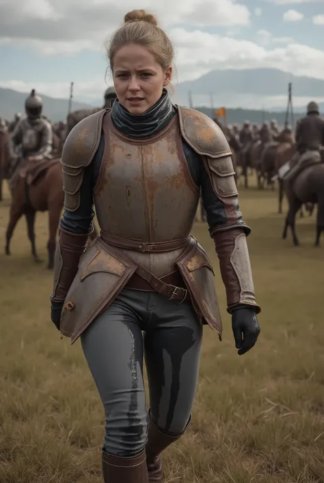 8k high resolution, best quality, 20 years old, dutch girl, blonde hair, medieval times, female mercenary, wearing a simple gambeson and rusty chestplate, battle in backround, scared, peeing herself, peeing her armor, pee running down her legs, wetting her...