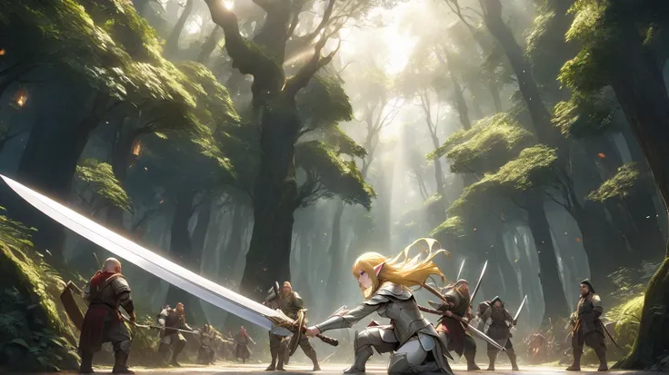  1girl 、1Man、Diagonal composition、wide shot、A fantastic elf forest becomes a battlefield、A scene where an elf woman and a dwarf man fight one battle、The Two Evil Ones、An elf staring at a dwarf with a frowning eyes and a wary face、 Shining White Skin 、Detai...