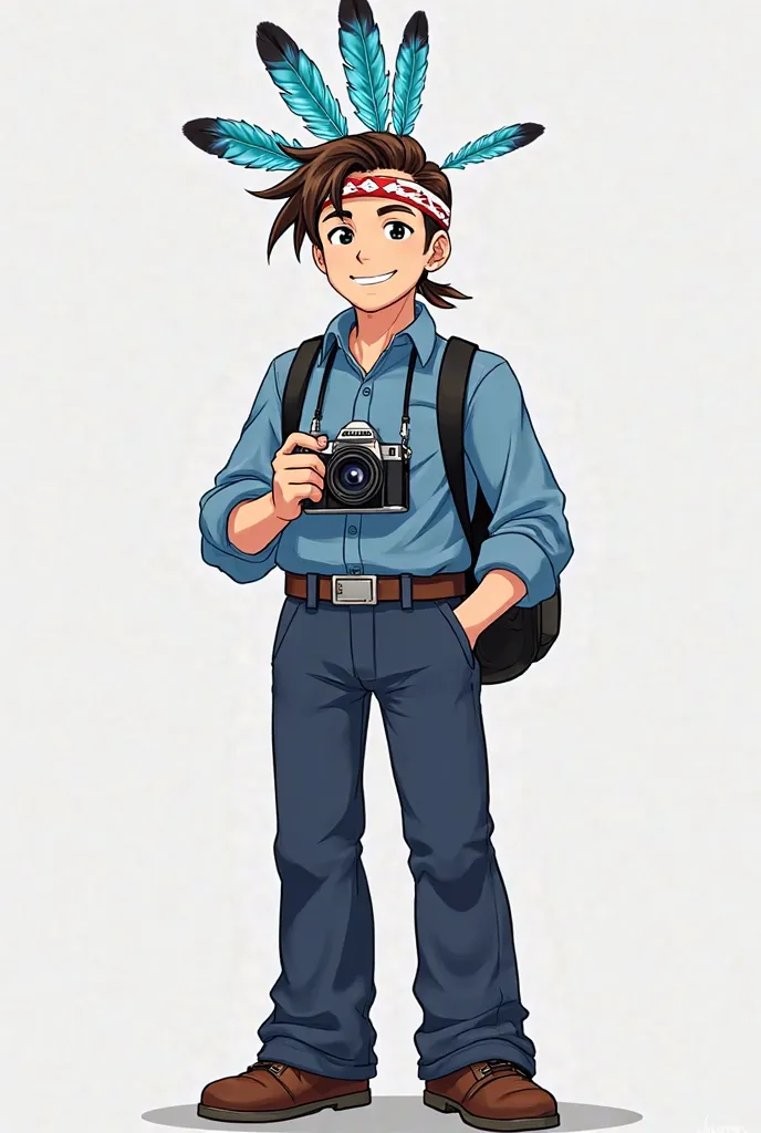 A handsome man wears a headdress with three blue feathers on his head and a blue button-down shirt with dark blue trousers with a black belt and brown canvas. He has a digital camera around his neck and a black backpack on his back. He stands straight whil...