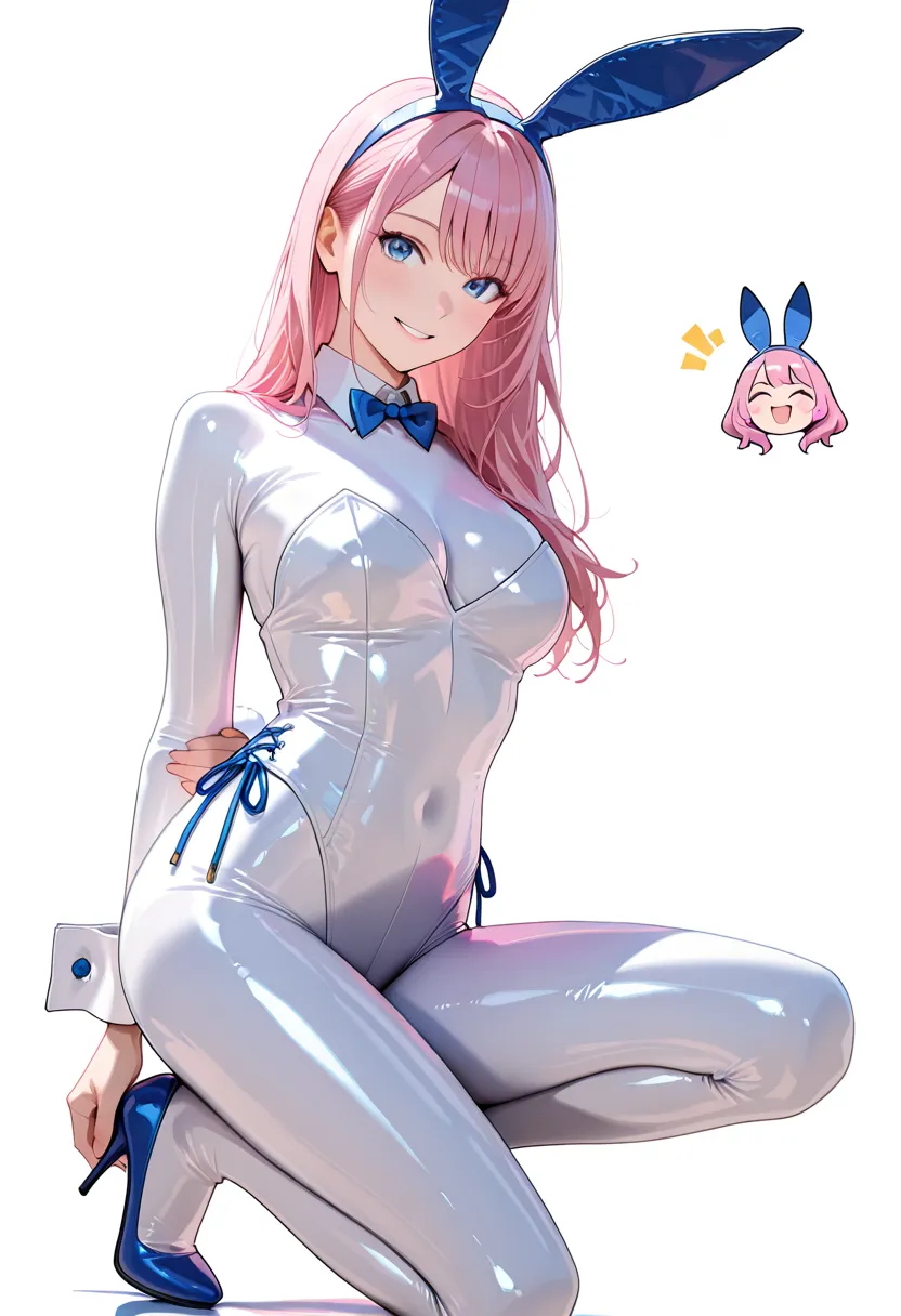  gets down on one knee、kneel、black tights、bunny girl,super realistic,high quality,Detailed,4K rendering,white studio background with,Smiling face,rabbit in a bodysuit,latex wearing a white enamel gloss bodysuit、Blue Eyes、 pink long hair,Attractive Posture,...