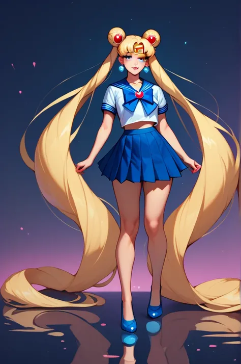 (ultra high quality) (hand drawn) Sailor Moon standing on a reflective surface with the bright white moon visible in the distant sky. her skirt is blue and her top is white and blue schoolgirl top. Her blonde hair is done up in two very long ponytails