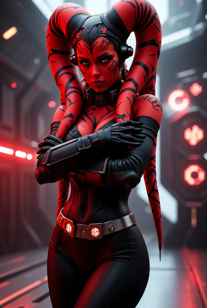 1girl,  seductive shapes, seductive body and curves, Twi'leck girl from the Star Wars universe, her skin is red, instead of hair, paired branches on the head, , which had the shape of tentacles and were called “lecku”, are red, pretty face,  determined loo...