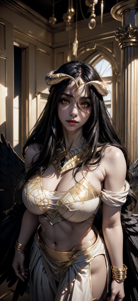 A (ultra realistic, 10k_resolution) cute beautiful woman(age_90(albedo _overlord)) with (orange_eyes with perfect_detailing) and white_attire(detailed) with gold jewellery on perfect round sexy breasts, beautiful breast, black long beautiful hair, hyper de...