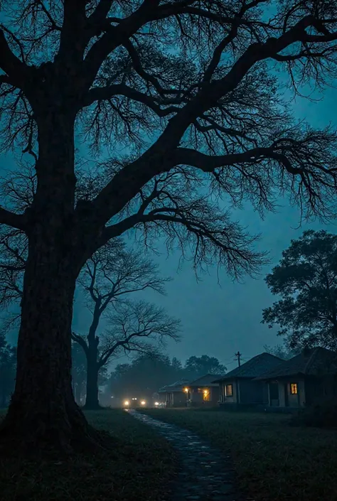 Photo of tree branches moving in the wind outside houses in a town on a dark night in Venezuela, Guarico state. 