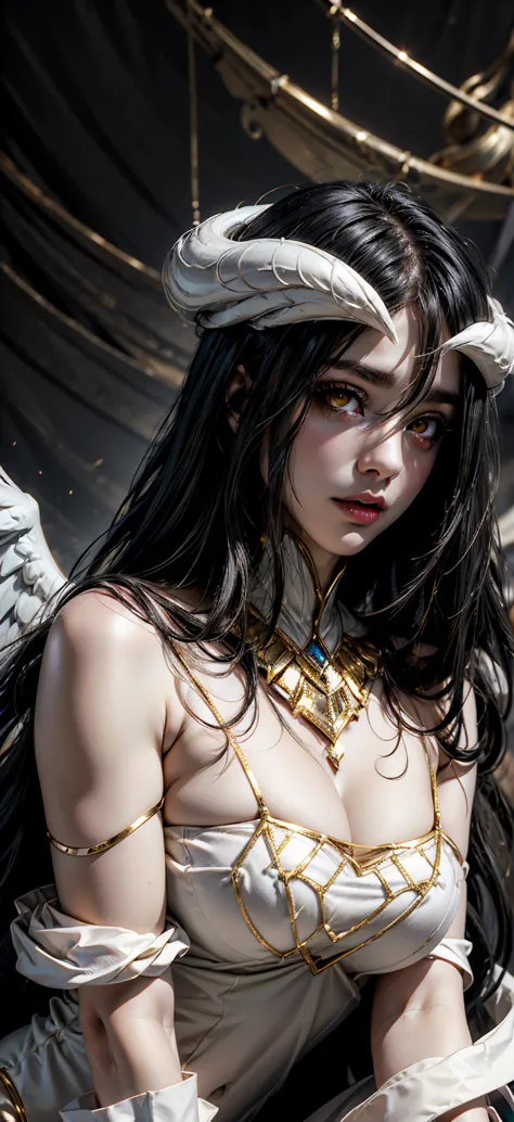 A (ultra realistic, 10k_resolution) cute beautiful woman(age_90(albedo _overlord)) with (orange_eyes with perfect_detailing) and white_attire(detailed) with gold jewellery on perfect round sexy breasts, beautiful breast, black long beautiful hair, hyper de...