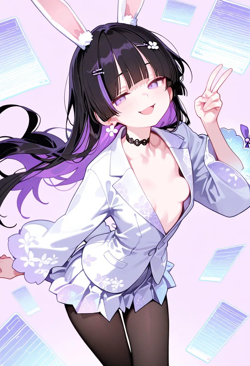 1girl, lavender eyes, jitome(0.5), black straight Hair, lavender gradiant hair, straight bangs, hime cut, rabbit tail, rabbit ears, meduim Breast, office suit, long pleated skirt, Hologram cover, flower pettern clothes, oriental decoration, Choker, pantyho...