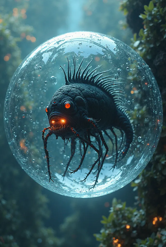 black angler fish in a bubble starts mutating inside a bubble