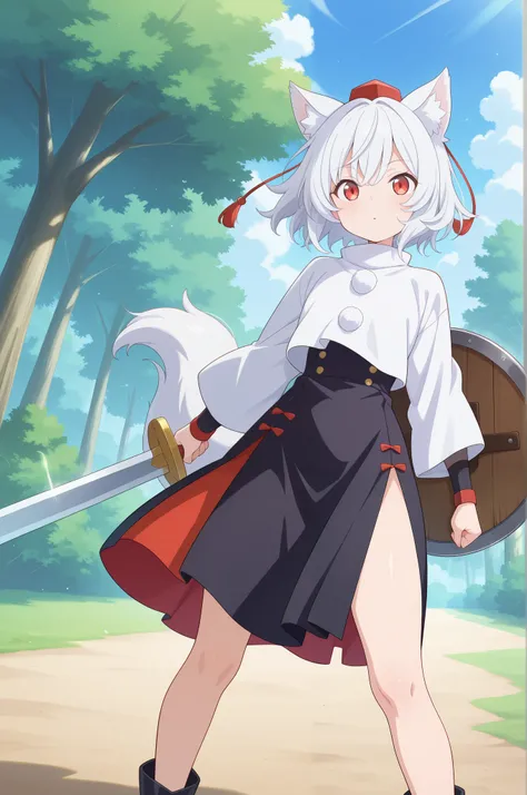 Absard dress that makes your head explode, High Resolution, masterpiece, best quality, great quality, Official Anime Artwork, screen cap, anime screen cap, outdoor, viewers, 真swordな, dynamic pose, 
   maple Inuwasu , 1 girl, Alone, Red Eyes, white hair, sh...