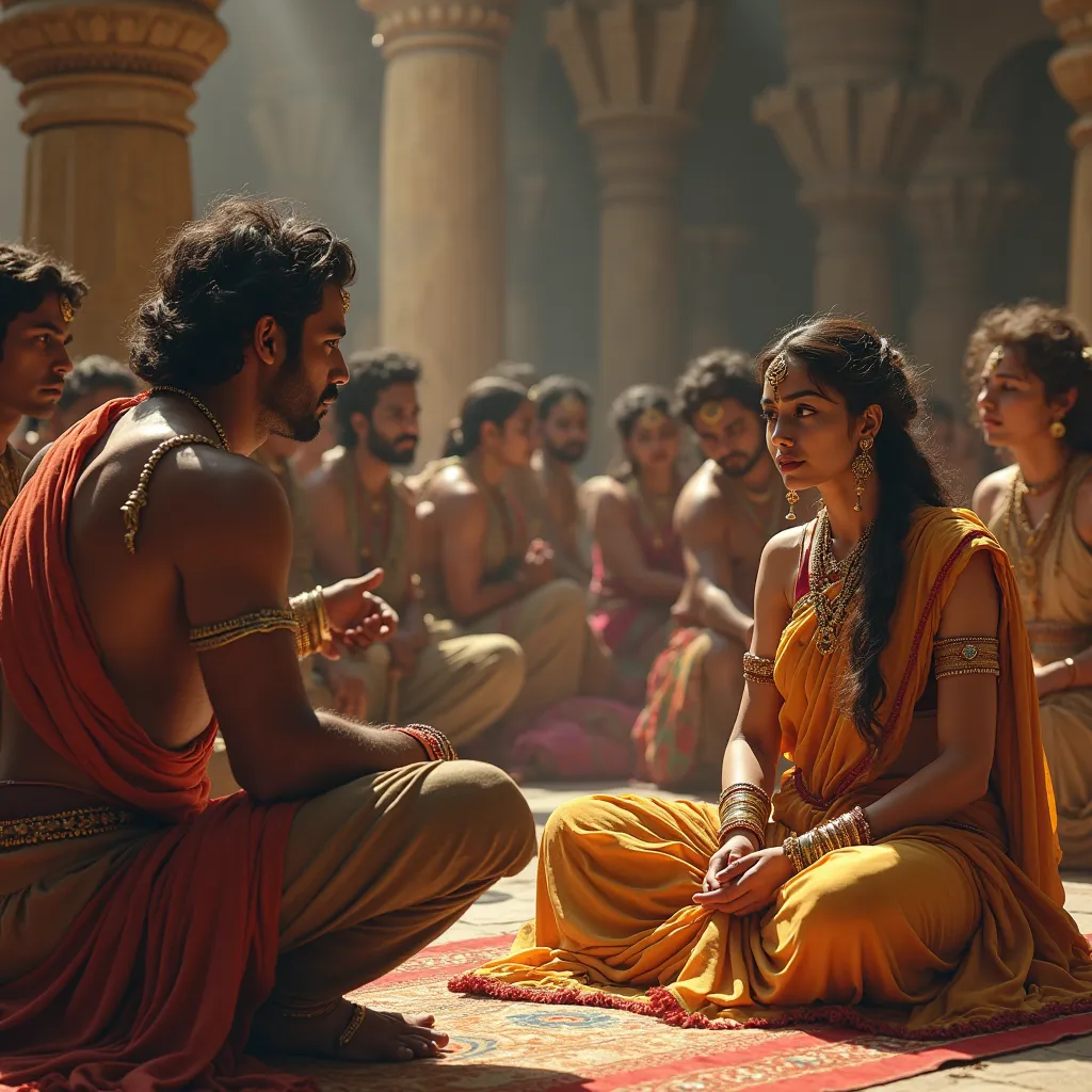 Similar images: 2D: Political chaos in Ayodhya
(Location: The court of the Ayodhya palace, where ministers, generals, princes, Kaikeyi and Bharata are sitting. Dasharatha's condition is weak. )
Camera focus: Bharata looks at his mother in despair.
Bharata ...