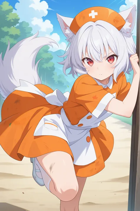 Absard dress that makes your head explode, High Resolution, masterpiece, best quality, great quality, Official Anime Artwork, screen cap, anime screen cap, outdoor, viewers, Serious, dynamic pose, 
   maple Inuwasu , 1 girl, Alone, Red Eyes, white hair, sh...