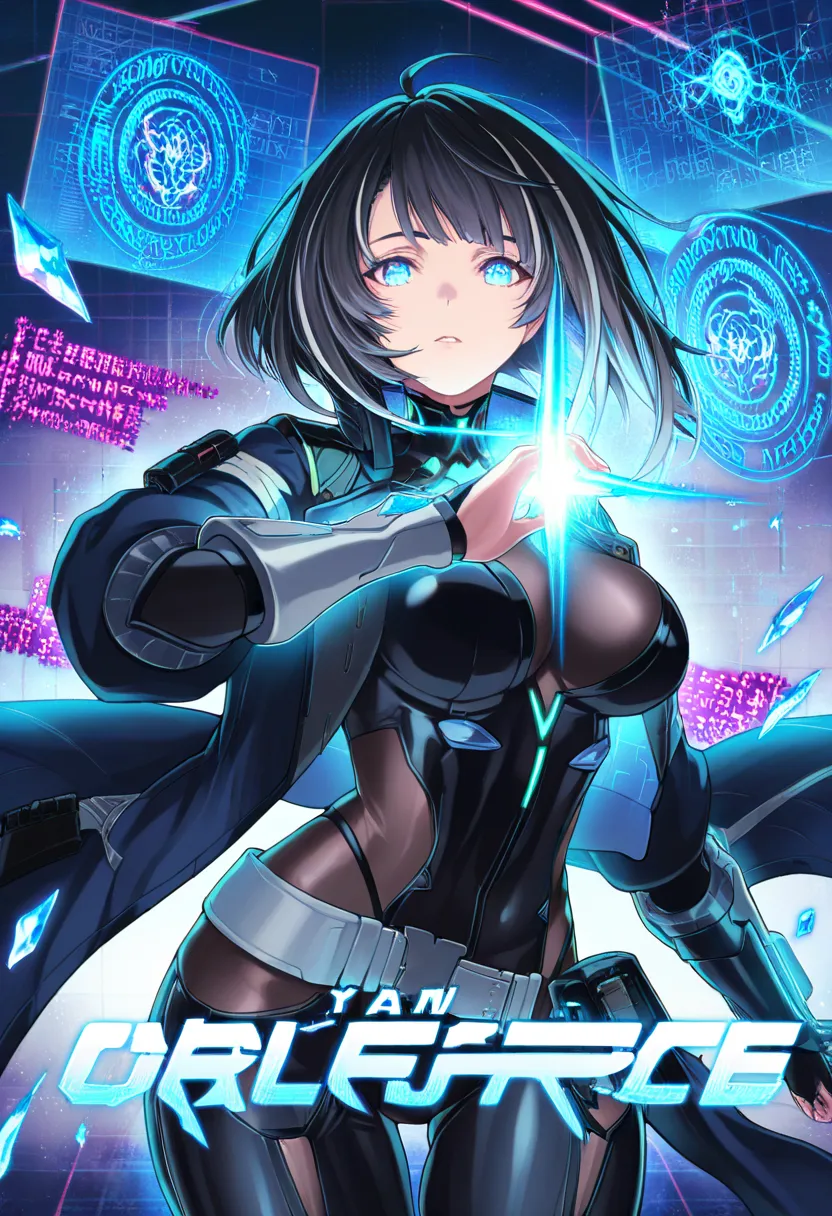 masterpiece, best quality, good quality, a woman, blending the aesthetics of digital, cyberpunk and magic. She is a young woman with shoulder-length black hair, streaked with shimmering silver strands that reflect faint light. Her sharp, tech-blue eyes hav...