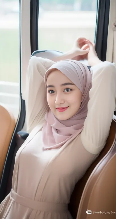 1girl hijab , ((wearing hijab on girl's head)), style hijab clothing, beautiful detail eyes, beautiful detail lips,   smiling thinly , extremely detail face and portrait,((raised her arms to expose her delicate armpits)), big boobs ((nude big boobs)), real...