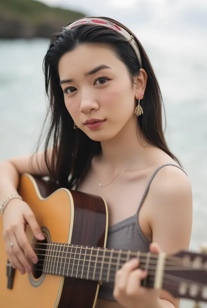 Ultra High Quality,  Ultra Fine Face , realistic skin texture, perfect anatomy, A beautiful woman is playing a real guitar，A beautiful woman is playing a guitar、There is an ocean in the background，Beautiful shoulder line、beautiful eyes， Beautiful legs that...