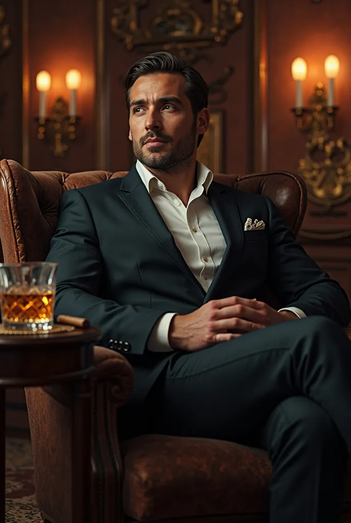 A man in his suit., sitting in a luxury chair. Billionaire looking. Hot and gorgeous. The setting is dark and sexy.