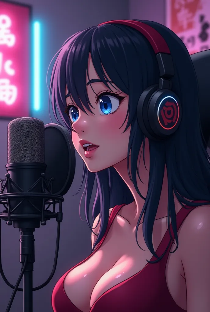 beautiful chica otaku gamer, with ear-shaped microphone marca rode, alone, 20 years old, singing very close to the microphone on the microphone stand with professional anti pop asmr in home studio, sitting in a gamer chair, beautiful blue eyes, looking at ...