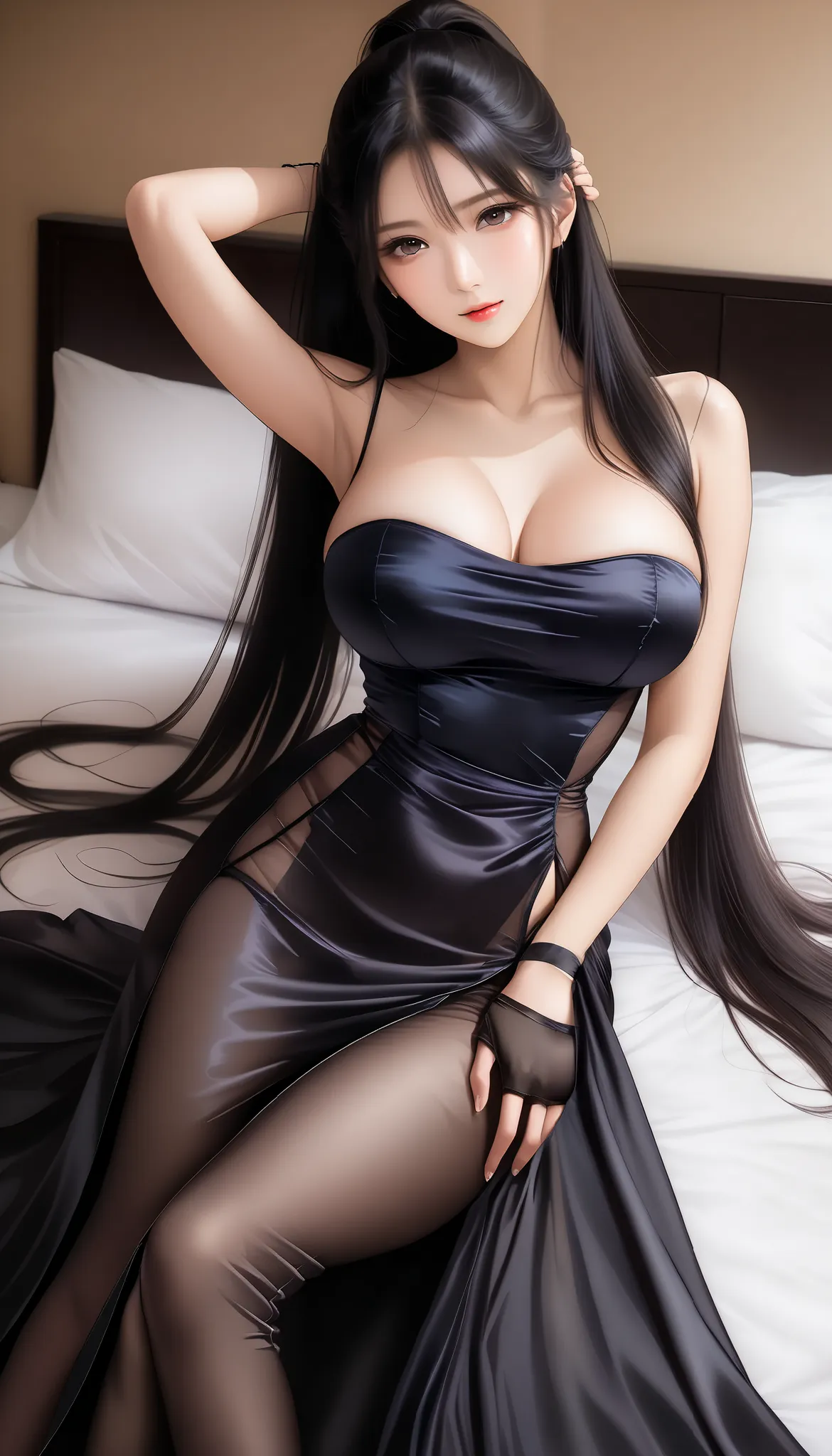 High Resolution,32K,masterpiece,Top Quality,detailed beautiful face and eyes, One Beautiful Japanese Woman ,(Big Breasts:1.2), black hair,Semi-long hair ponytail,Seductive Smile, horny expression,(silk satin long dress with black tube top:1.2),(black see-t...