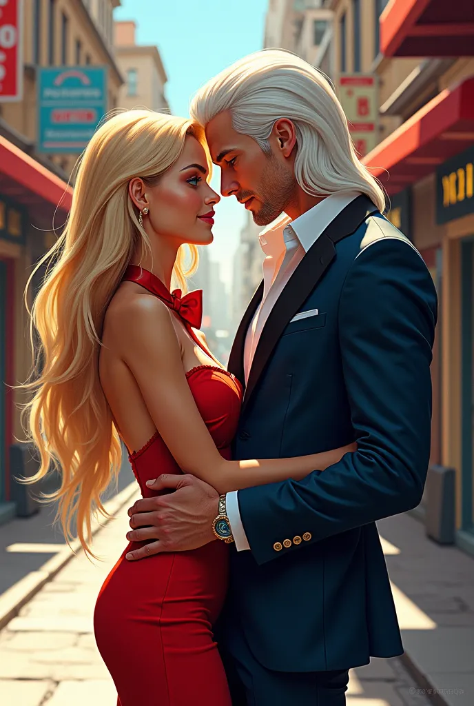 A couple: a man and a woman. Incredibly beautiful young femme fatale attractive, sexy, passionate blonde woman, long golden hair, scarlet bow in her hair, long bangs, blue eyes, slender, with a dream figure, with an ideal body, very beautiful, energetic an...