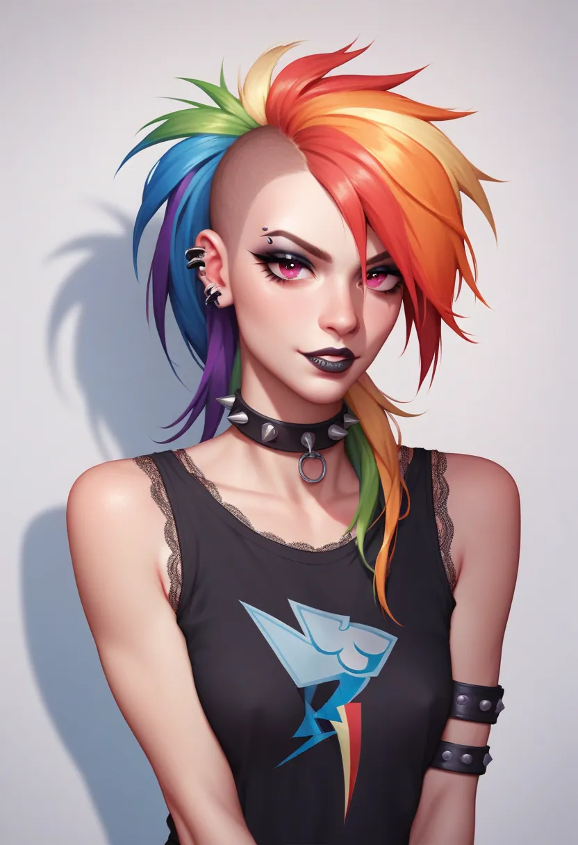 Rainbow dash, human, 30 years old, goth lace shirt, long punk haircut, cartoon style, slender, skinny, tiny boobs,