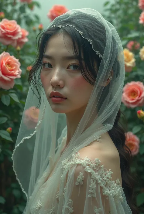 A veiled woman in her thirties, behind her is a garden full of roses and flowers