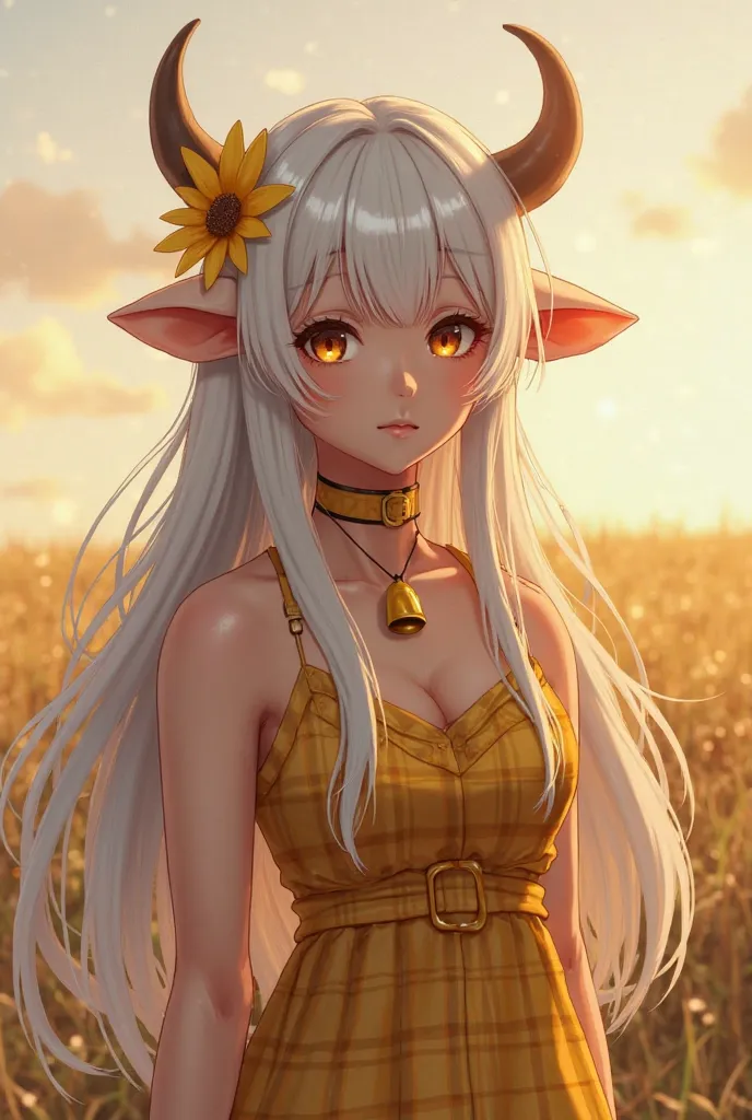 female, long white hair, small cow horns, fluffy ears on the sides of her head, yellow plaid dress, choker with big yellow cowbell, yellow flower in hair, brown eyes, demi-human, slightly realistic, field background, sunkissed+tan skin, sunset lighting, 