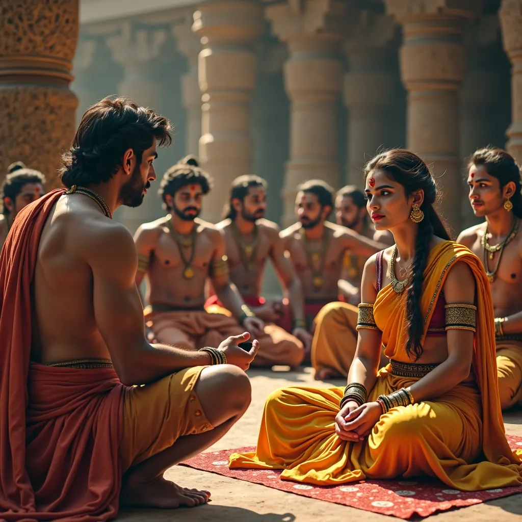 Similar images: 2D: Political chaos in Ayodhya
(Location: The court of the Ayodhya palace, where ministers, generals, princes, Kaikeyi and Bharata are sitting. Dasharatha's condition is weak. )
Camera focus: Bharata looks at his mother in despair.
Bharata ...