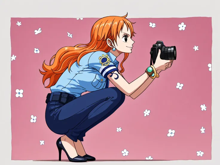 police cosplay, earrings, high heels, bracelet, tattoo , orange hair, masterpiece, Healthy appearance、 One Piece Nami、dynamic、portrait、beautiful background sea and windmills、looking at the camera、smile、 close one eye、full body、background with thousands ...