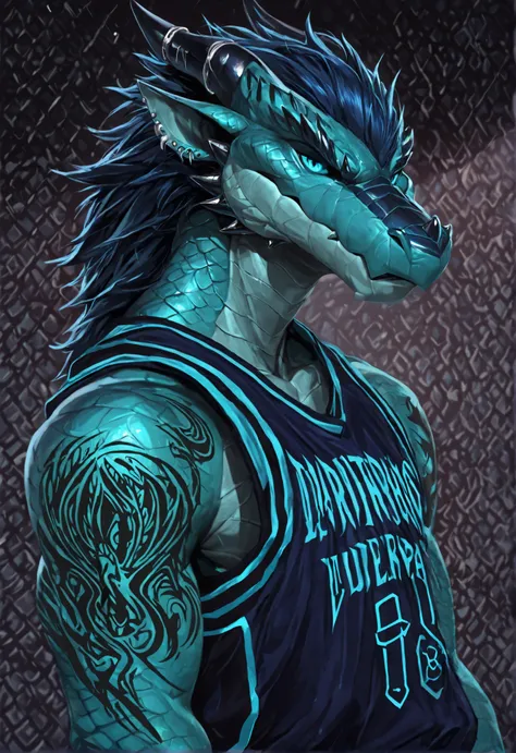 solo, anthro male dragon, teal scales, piercing blue eyes, tattoos, black and dark blue basketball uniform, (masterpiece), (best quality), sharp focus, a determined serious look on his face