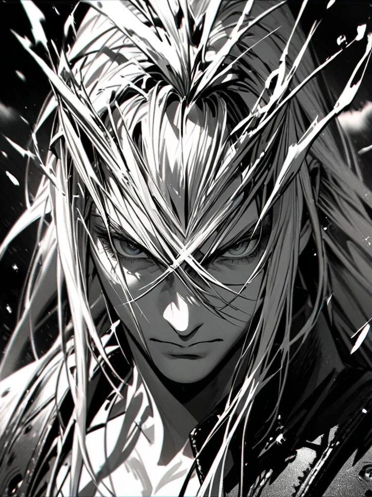 Super Detail, High Resolution, Absard dress that makes your head explode, High Resolution, Sephiroth,   Silver Hair, Final Fantasy VII Remake, handsome, Only 1 person,  monochrome , Serious, portrait, full body