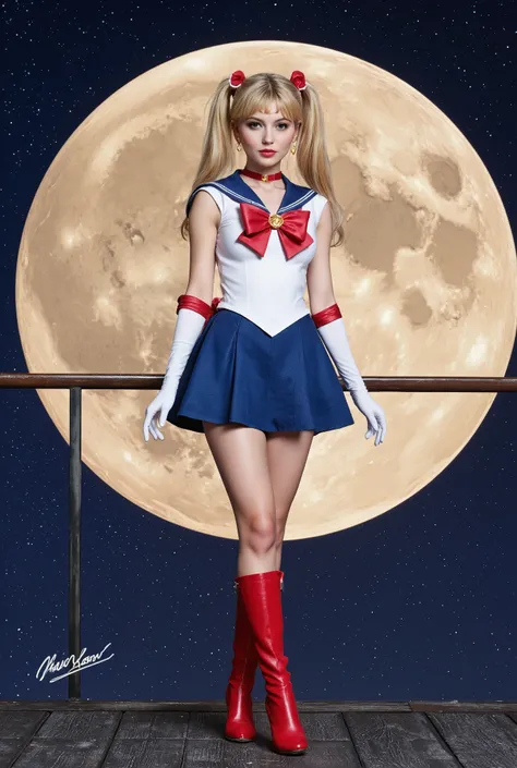 Create an image of a beautiful 20-year-old girl with fair skin and long straight blonde hair styled in twin tails. She is wearing a Sailor Moon costume and striking a pose while standing. The background features a large, full moon that fills the entire scr...