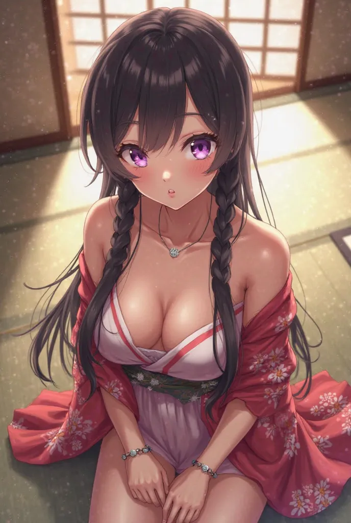 aesthetics: anime waifu (Sensual/

Realistic)

Hair: black long, tied in two side braids or modern anime-style short hair with bangs

◆ Eyes: Purple or dark violet,

expressive and seductive, anime style

Face: delicate traces, smooth and

slightly flushed...