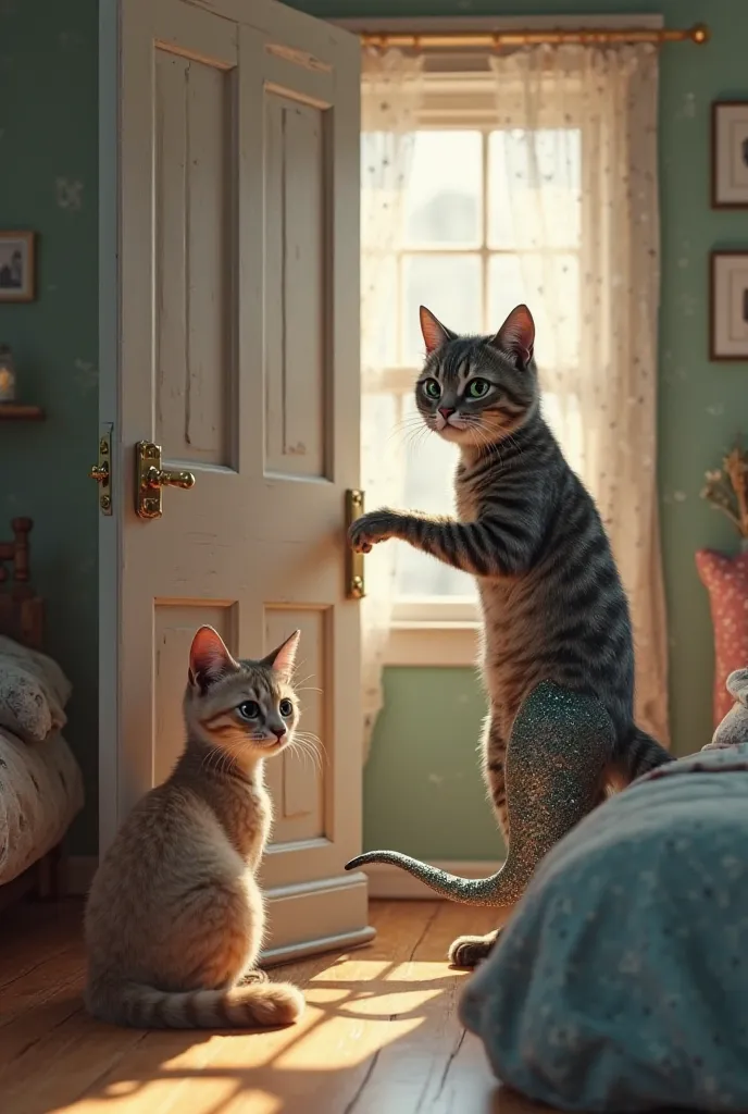 "Create a photorealistic 3D image of a human-like male cat locking the door to a cozy room, with his female cat companion, now with a shimmering mermaid tail, trapped inside. She sits on a bed, looking toward the door with a neutral expression. The room is...