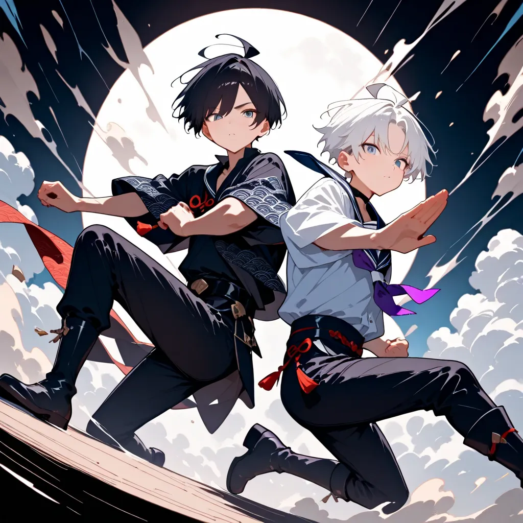 masterpiece, high score, great score, absurdres, 2boys,fair skin,male focus, (duo:1.1), (couple:1.2),short white hair, parted bangs, side fringe, toned,twink,black haori,white kinono, purple cords,black obi,open collar shirt,black choker,golden cloud patte...